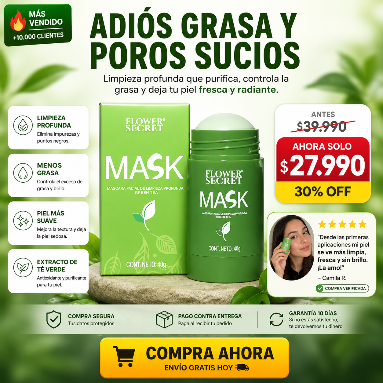 Mascarilla de té verde Flower Secret - Limpieza Profunda y Piel Radiante